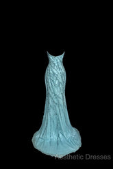 Vintage Mermaid Strapless Tulle Blue Beads Long Evening Prom Gown Fairy Evening Prom Dresses